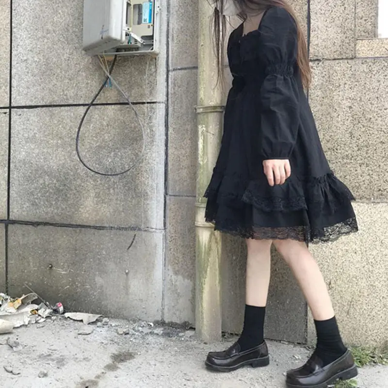 

Черное Кружевное мини-платье 2022, корейская мода, летнее ТРАПЕЦИЕВИДНОЕ Плиссированное Платье Лолиты для женщин и девочек, платье с длинным ...