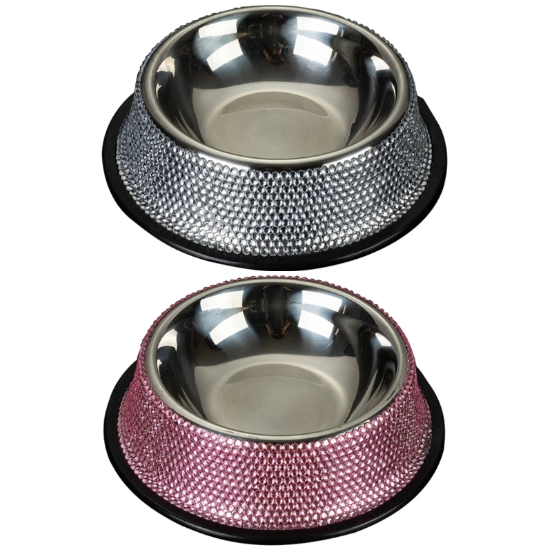 

Dog Feeder Stainless Steel Water Bowls with Shiny Rhinestones Feeding Dish Anti-Skid Rubber Base for Dogs Cats