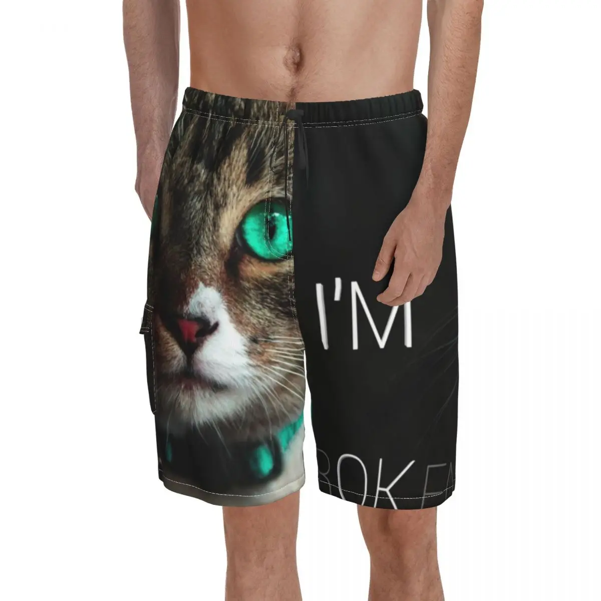 

Beautiful Crazy Cat With Green Eyes Board Shorts amazing sad Man Comfortable Board Short Pants Hot Sale Design Plus Size Trunks