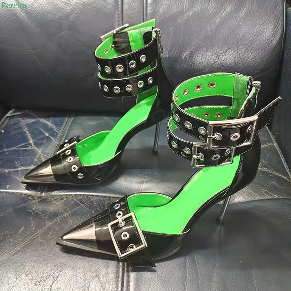 

Metal Pointed Toe Wicker Pumps Summer Women's New Arrival Solid Thin High Heel Ankle Belt Buckle Fashion Sexy Dress Black Shoes