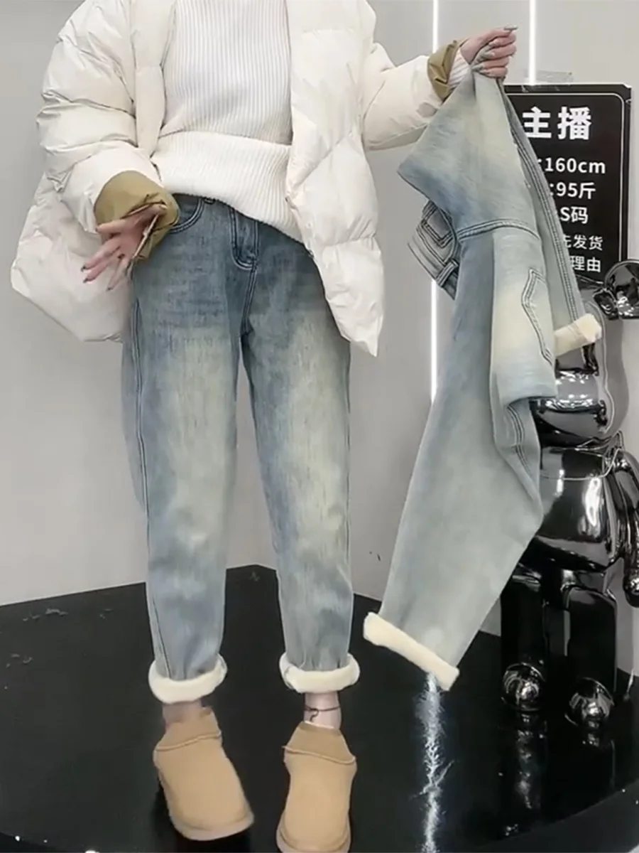 Y2k женские джинсы грушевидной формы эластичные флисовые большие размеры 2024 новые