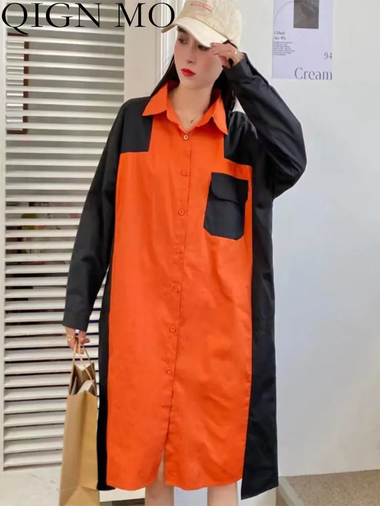 

QING MO Women Color Matching Single-breasted Shirt Loose Mid-length Age Reduction Long Sleeves Lapel Shirt 2023 Autumn LHX1464A