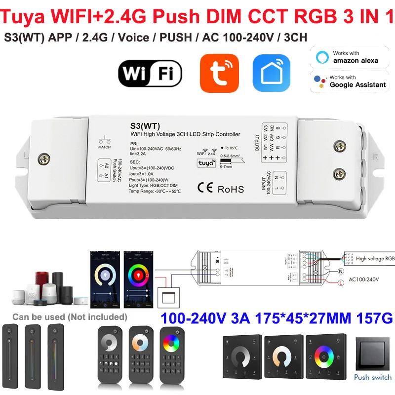 Фото Контроллер LED-лент WT5 Tuya TW5-4 RGBCCT 10-в-1 с Wi-Fi 5, диммер DC12-24V, для лент CCT RGB RGBW, стеклянная сенсорная панель, 2.4G RF №1