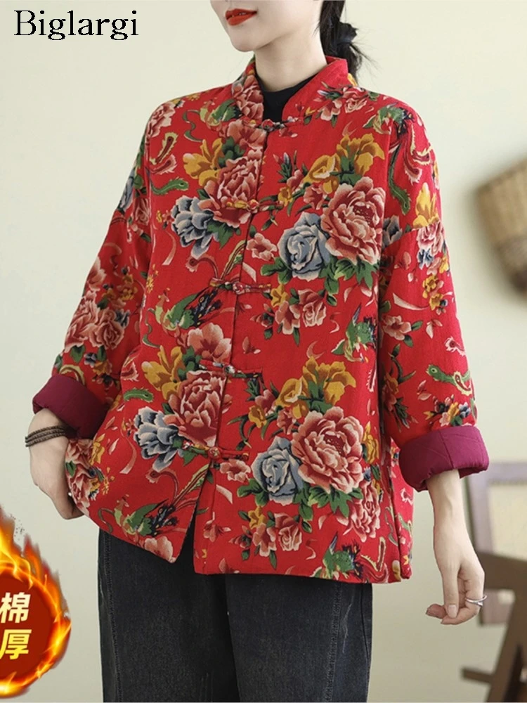 Оверсайз осенне-зимнее стеганое хлопковое пальто женское в этническом стиле с