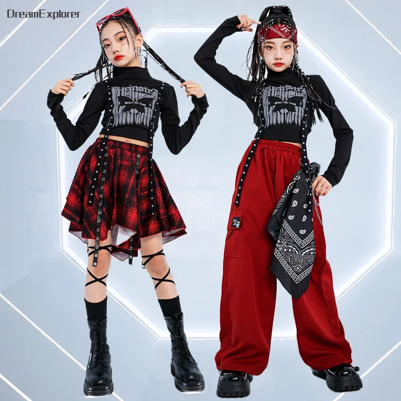Hip Hop Girls Fashion K-pop Crop Top Street Dance Cargo Pants Kids Streetwear Plaid Skirts Children Jazz Girl Group Clothes Sets