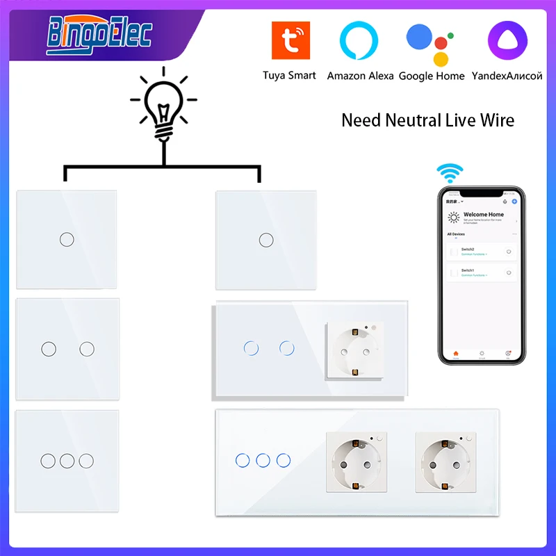 

Bingoelec Wifi Wall Touch Switch with Socket EU Smart Light Switch White 1 2 3 Gang 2/3way Tuya Smart Home Support Alexa Google
