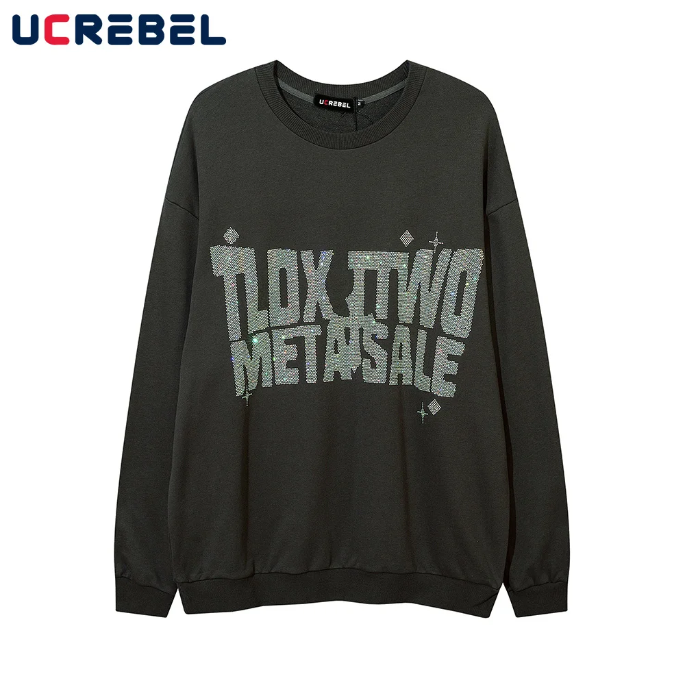 

Letter Rhinestone Sweatshirts Autumn Mens Long Sleeve Loose Casual Top Streetwear Round Neck Sports Pullover Men