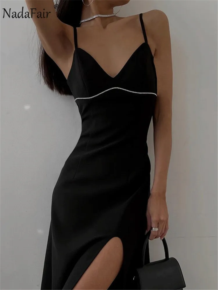 

Nadafair Sexy Split High Waist Strap Midi Dress Black Diamond Patchwork Off Shoulder Club Outfits Summer Party Dresses Women