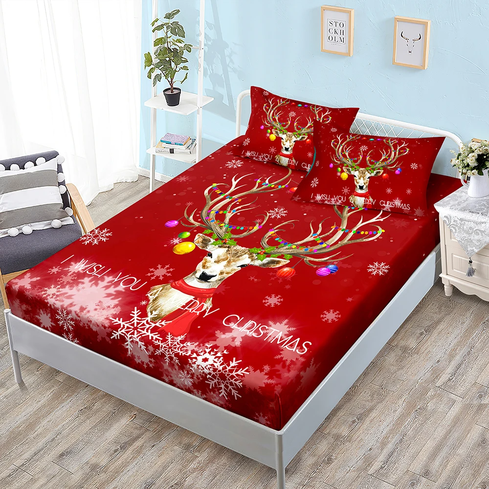 

Christmas Snowflakes Elk Bed Sheets for Boys Santa Claus Fitted Sheets Twin Xmas Tree Gift Kids Fitted Bed Sheet With Pillowcase