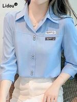 polo neck solid color commuter women shirt 2022 summer three quarter sleeve fashion chic button elegant blouses female clothing