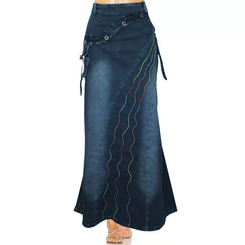 

Vintage Women Jeans Long Skirt Gothic Fashion Women Casual Denim Skirt Back Slit Skirt Elastic Pull on Skirt Slim Pleated Skirt