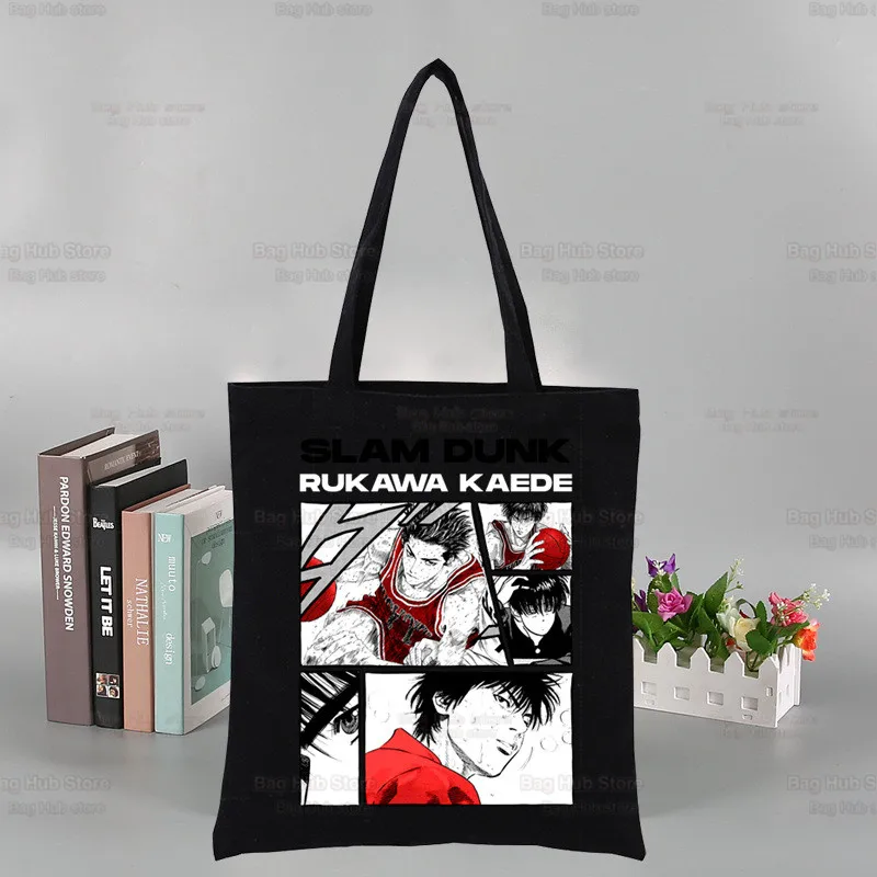 

Anime The First Slam Dunk Black Unisex Handbags Canvas Sakuragi Hanamichi Tote Bag Daily Use Reusable Travel Casual Shopping Bag