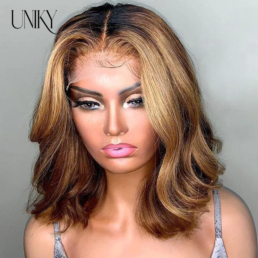 180 Density Short Bob Wig Highlight Wig Human Hair PrePlucked Lace Frontal Wig Human Hair Wigs For Women Hightligh Body Wave Wig