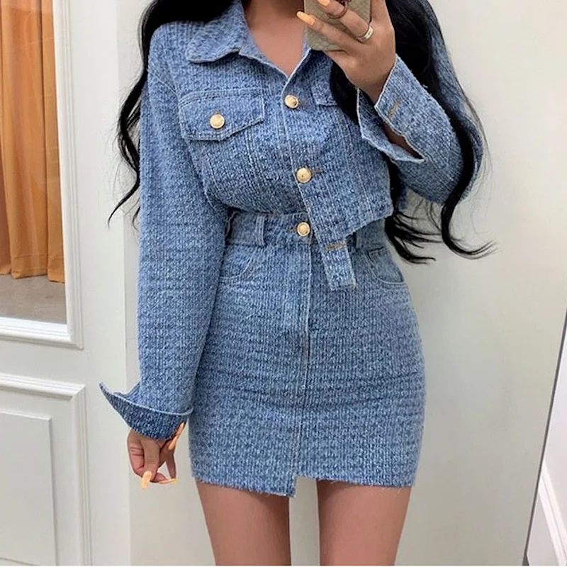 

Loribindwood Demin 2Pieces Skirt Sets Autumn 2021 New Fashion Short Coat + High Waist Mini Skirts Korean Women Jeans Outfits