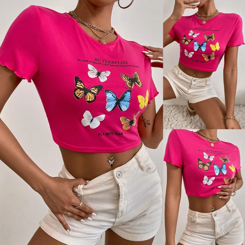 

Женский летний топ в стиле Харадзюку, короткий рукав с оборками, красочная футболка с принтом бабочек и надписей, Повседневная облегающая ф...