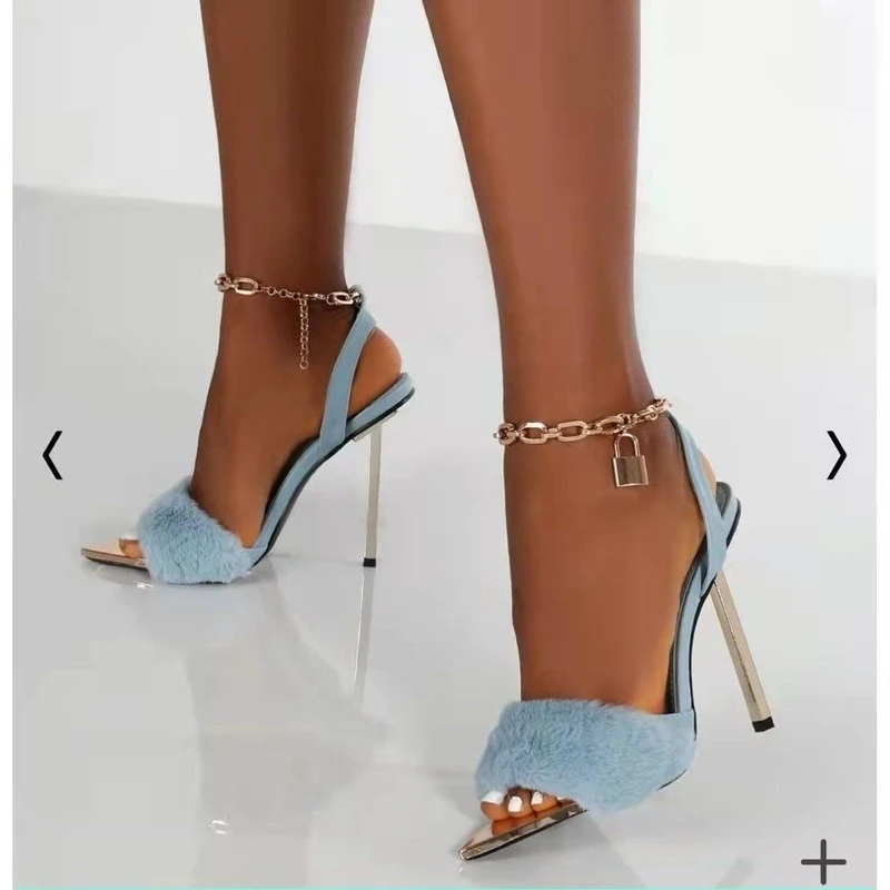 

2022 New Women's Summer Open Toe Sandals Pointed Toe Fluffy Chain Women's High Heel Sandals Sexy Mature Ladies Fashion All-match