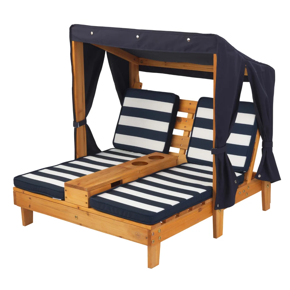 

Honey & Navy Color Wooden Outdoor Double Chaise with Cup Holders