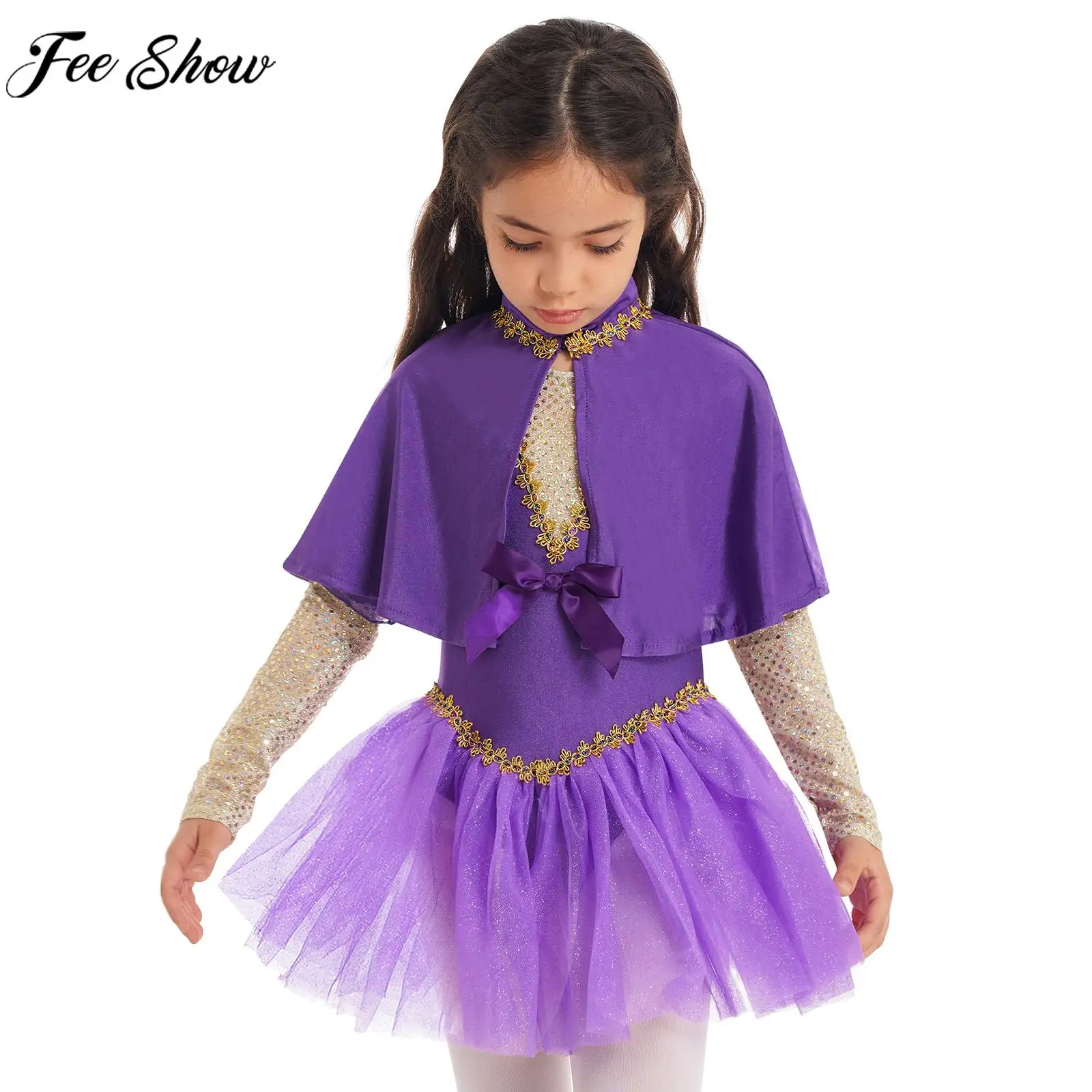 

Kids Halloween Cosplay Dress Showman Costume Girls Sequin Mesh Leotard Tutu with Cape Arm Sleeves Theme Party Carnival Outfits