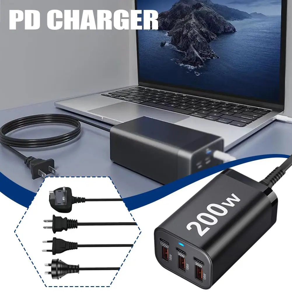 200 Вт 6-портовое USB C быстрое зарядное устройство с быстрой зарядкой GaN PD для IPhone
