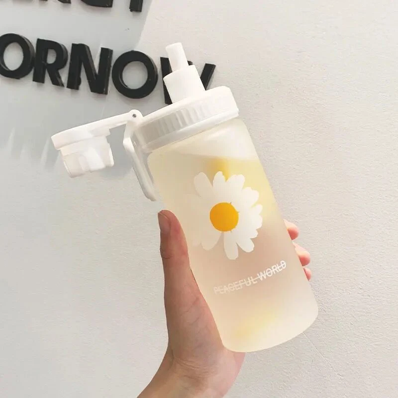 

500ml Small Daisy Transparent Plastic Water Bottles With Straw Creative Frosted Water Bottle With Portable Rope Travel Tea Cup