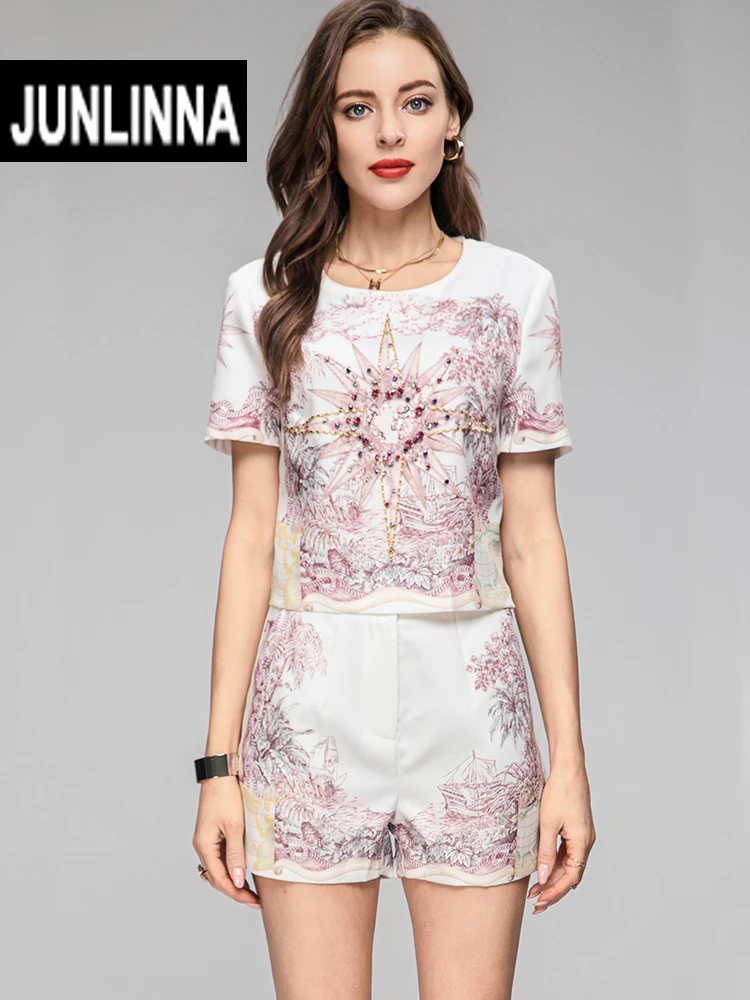

Женский костюм-двойка JUNLINNA, футболка с принтом и шорты с бисером, летний костюм