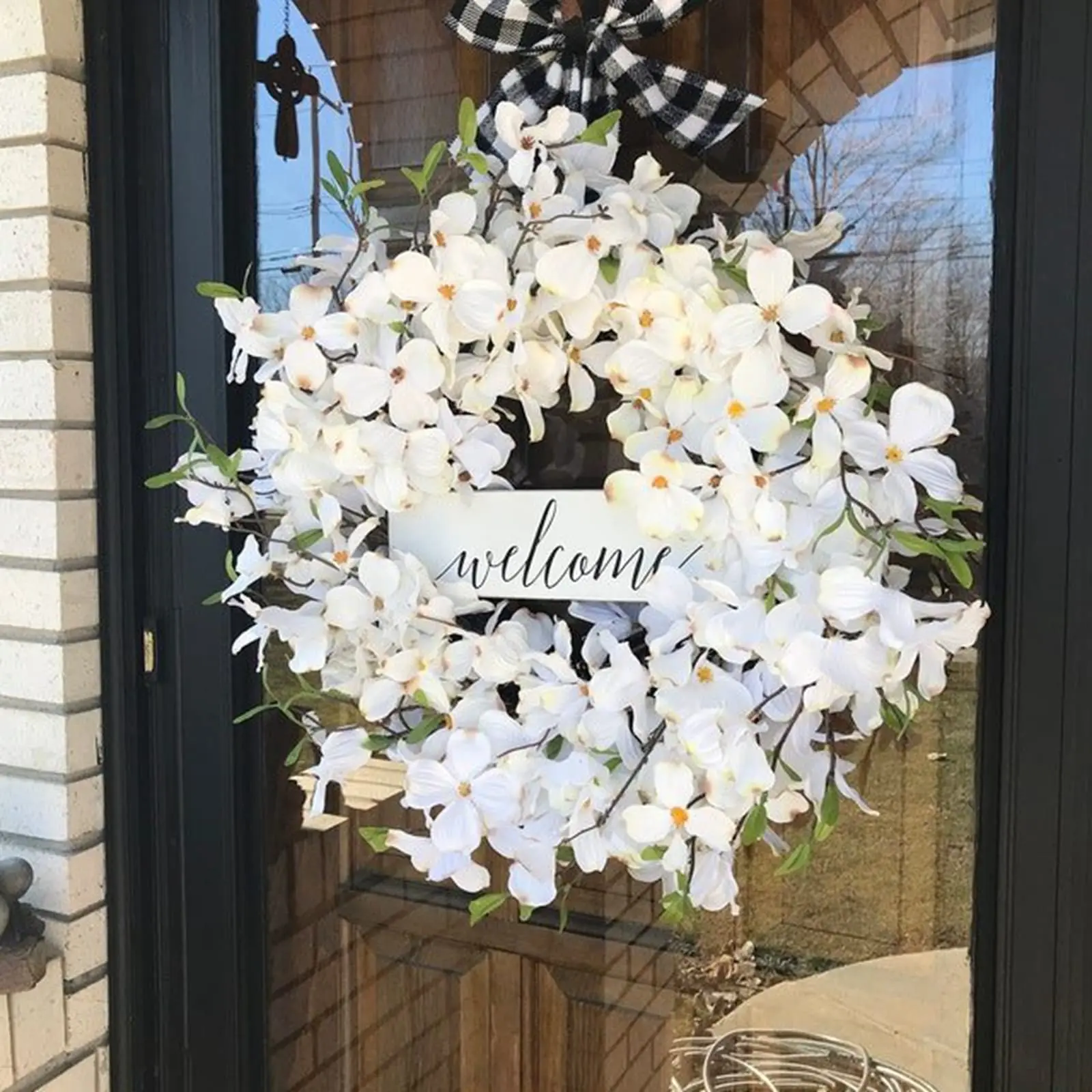 

White Flower Garland Dogwood Fresh Garland Buffalo Plaid Simulation WeCome Easter Holiday Flower Party Flower