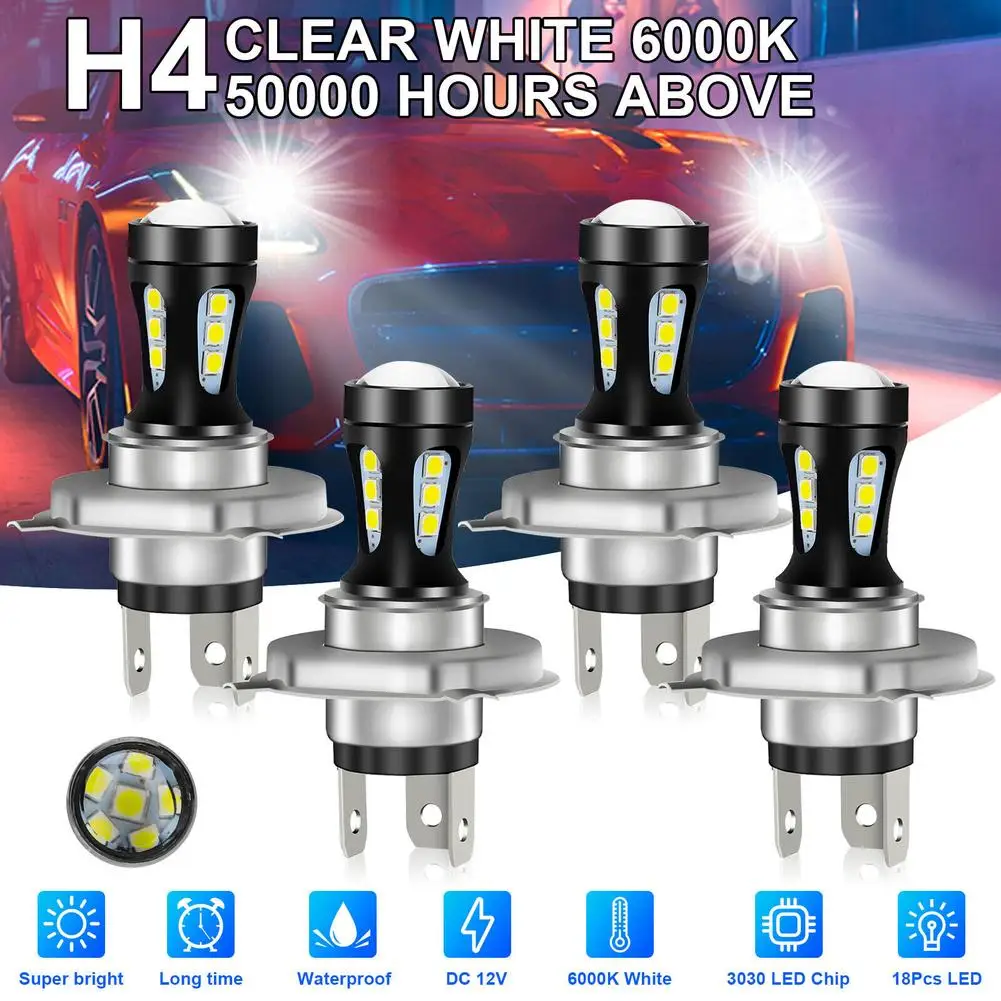

4pcs Car Bulb LED Headlight Kit H4 9003 Hb2 High Low Beam Drl Bulbs 6000k White 360-degree Full-angle Lighting
