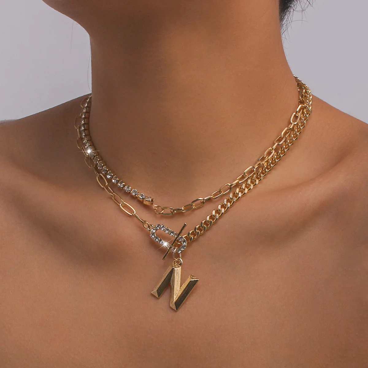 

Metal N Pendant Necklace for Women Rhinestone Chain Asymmetric Necklaces Female Layered 2022 Fashion Jewelry New