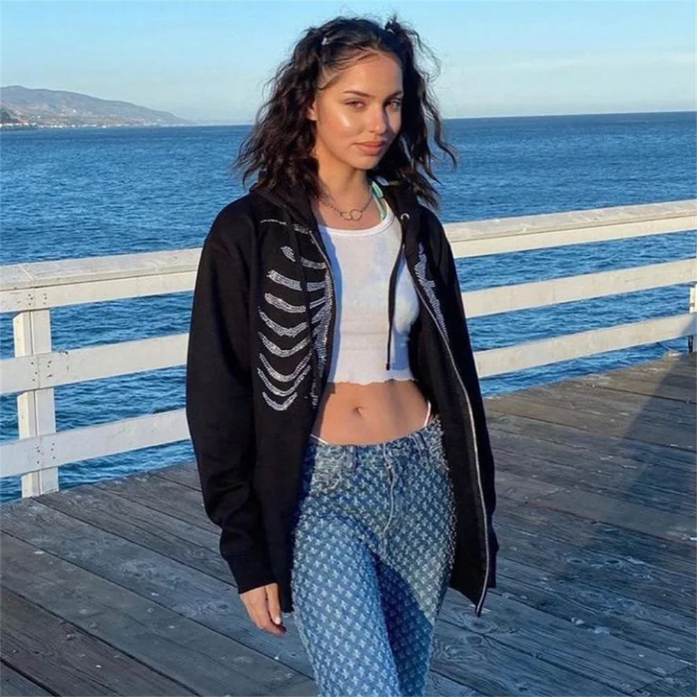 Y2K куртки готические Стразы Толстовка со скелетом женские черные свитшоты на