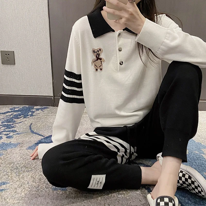 

High Quality Korean Style Fine Wool High-end Version TB Bear Preppy Long Sleeve Polo Shirt Women's Lapel Top Shows Skinny Knit