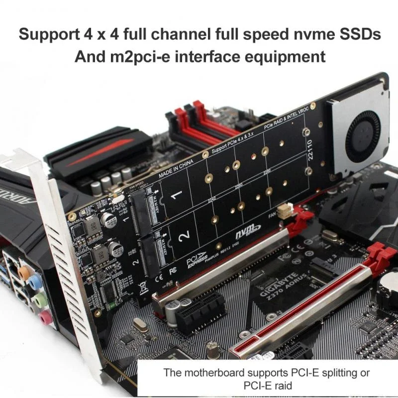 

PCI-E X16 до M.2 M-key NVME X4 SSD RAID Array, расширительный адаптер, разделенные карты, четыре слота, поддержка 2242/2260/2280/22110 с турбовентилятором