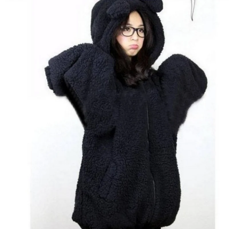 Oversized winter clothes female bear rabbit with ears and tail cartoon plush jacket hooded sweater women zipper hoodie kawaii