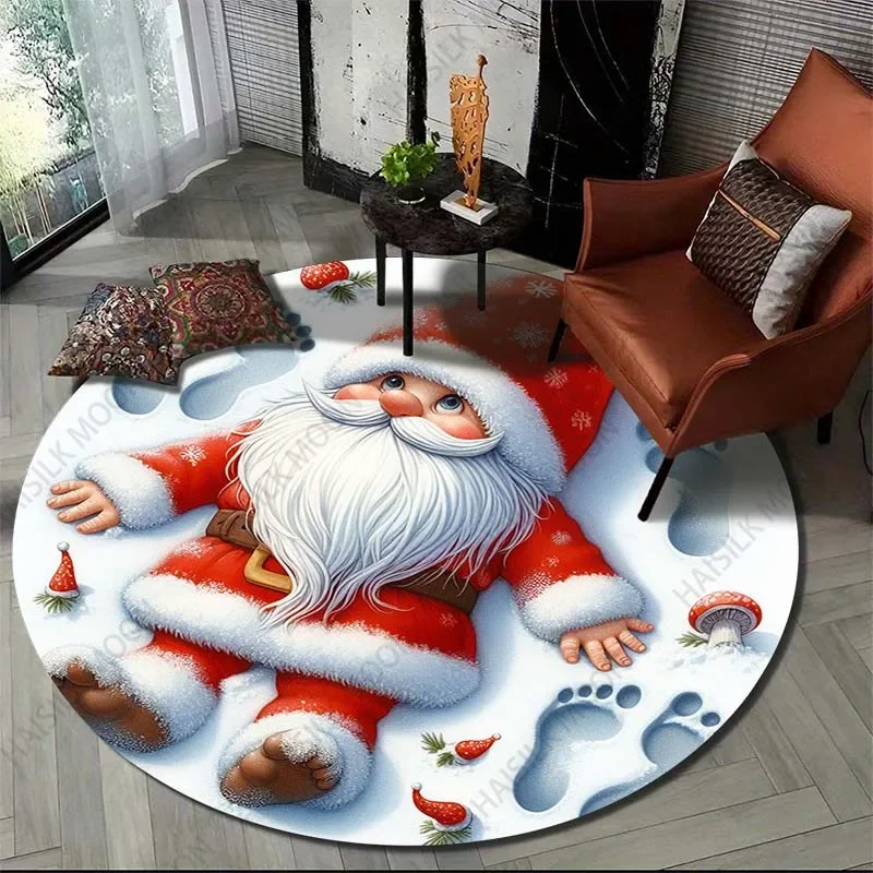 Gnome Christmas Print Round Carpet Suitable for Living Room Bedroom Flannel Non-slip Sofa Chair Creative Door Mat