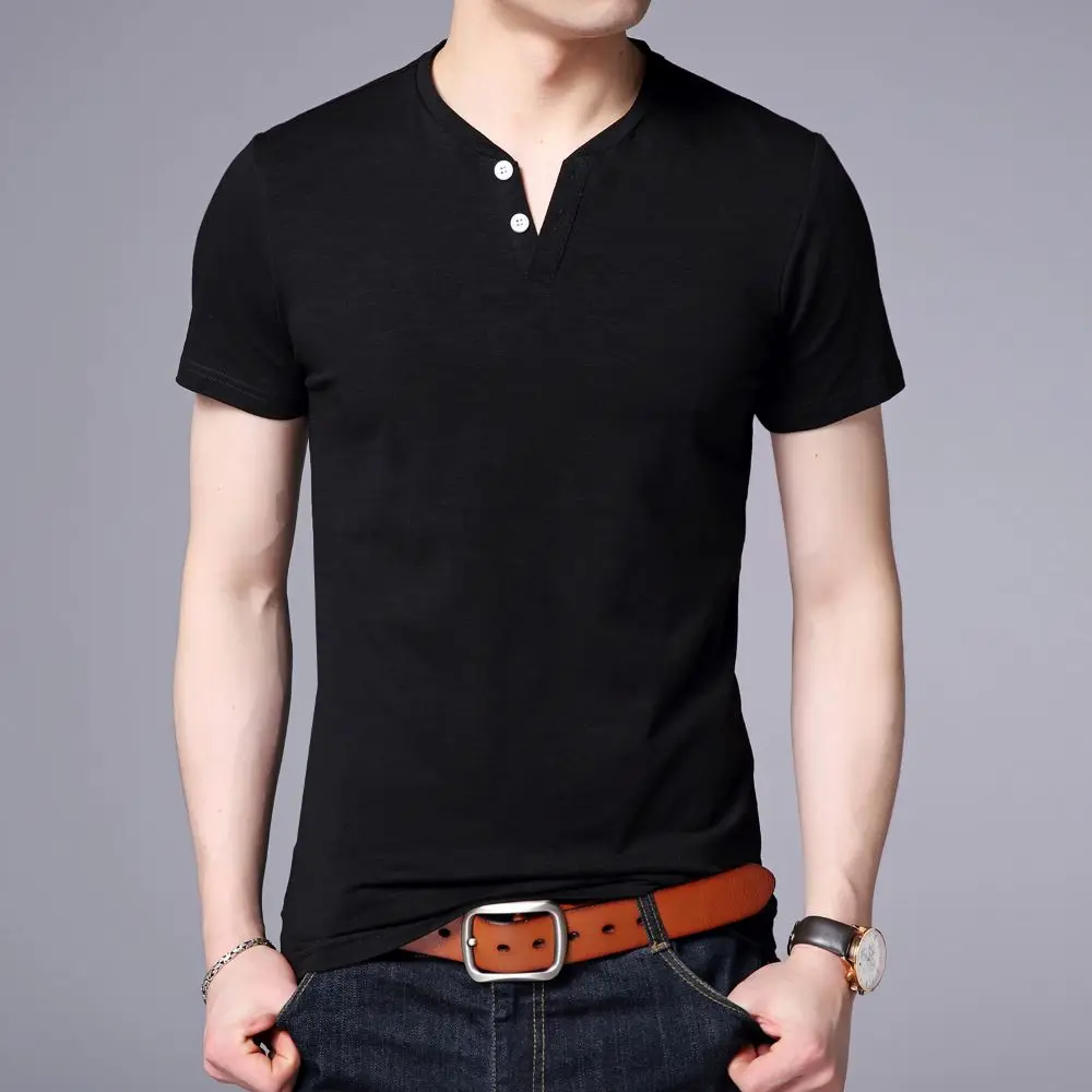 

COODRONY Button Henry Collar Tee Crease-Resistant Cotton Tops Low-Key Simple Short-Sleeve T-Shirt 2023 Summer Men Clothing W5534
