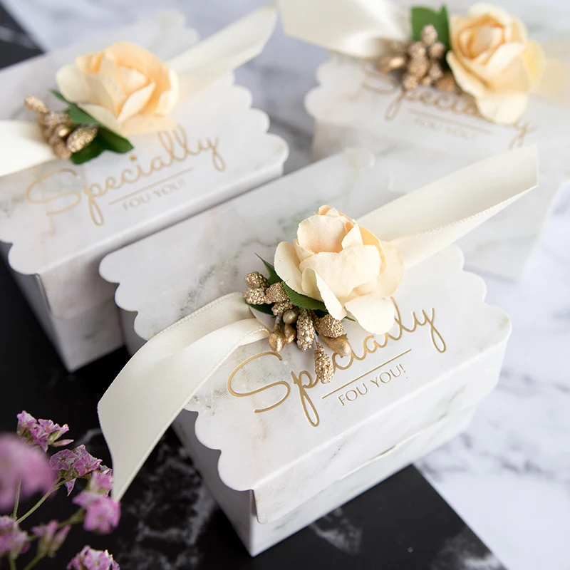 

50pcs Dream Candy Box Marble Bronzing Flower Chocolate Box Wedding Party Decoration Gift Box for Guest Wedding Favor Supplies