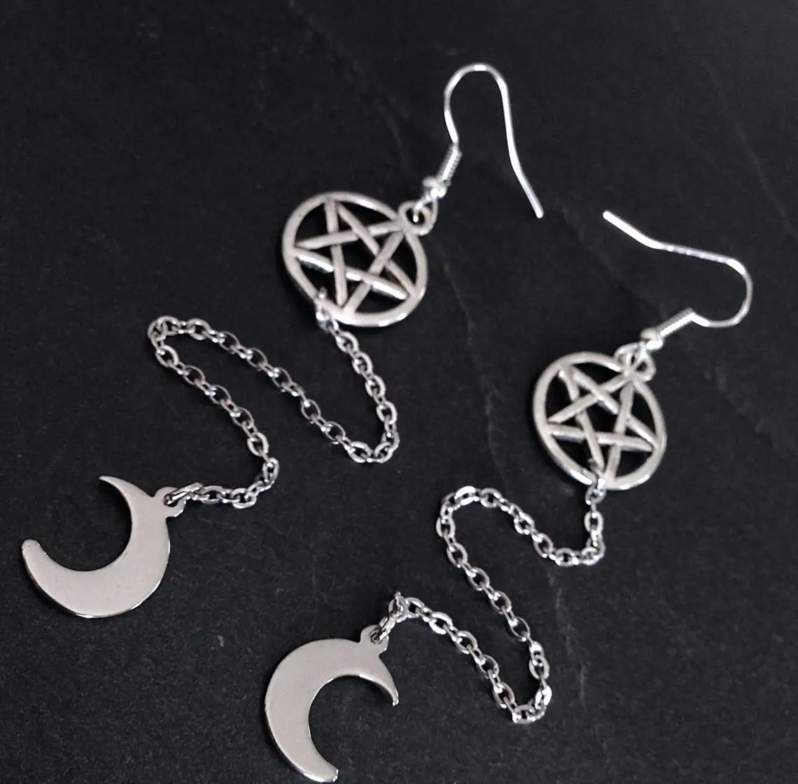 

New Pentagram Moon Earrings Silver, Crescent, Witchcraft, Gothic, Pagan, Moon Pendant Earrings