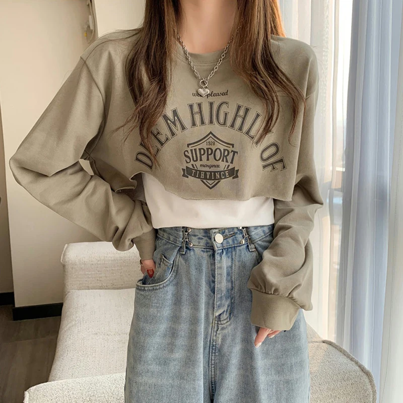 

Casual Letter Sweatshirt Women Crop Thin Anime Hoodies Tops 2022 Fall New Pullovers Print Graffiti Shirts Vintage Streetwear