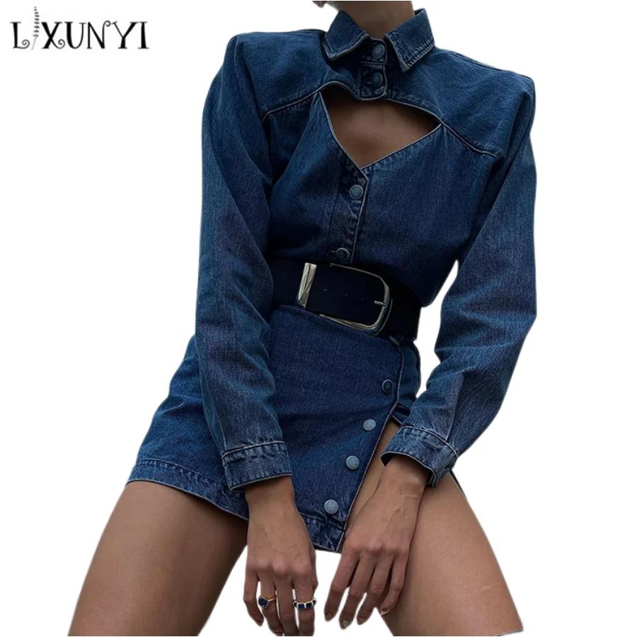 

LXUNYI New In Dresses Women Denim 2023 Spring Auttumn Long Sleeve Club Short Ladies Dresses Design Sexy ALine Jean Dress Mini