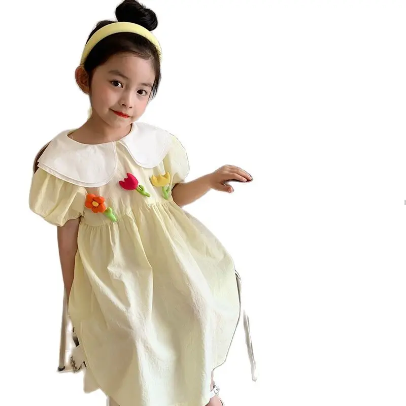 

2022 New Summer Red Flower Dress Korean Style Fashion Girls Clothes Cute Creamy Yellow Lapel Skirt Thin Skirt Drop Shipping