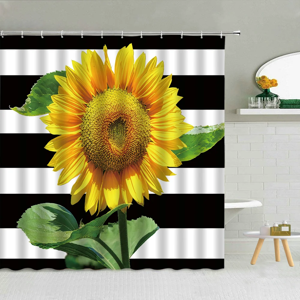 

Sunflower Flower Landscape Shower Curtain Scenery Bathroom Decor Curtains Oil Painting Waterproof Fabric Hooks Bat Spring Floral