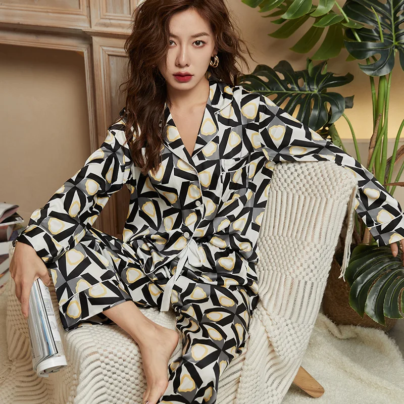 Silk Pajamas Women's Home Wear Ladies High-end Ice Silk Sexy Luxury Pajamas Casual Loose Long-sleeved Trousers Two-piece Set