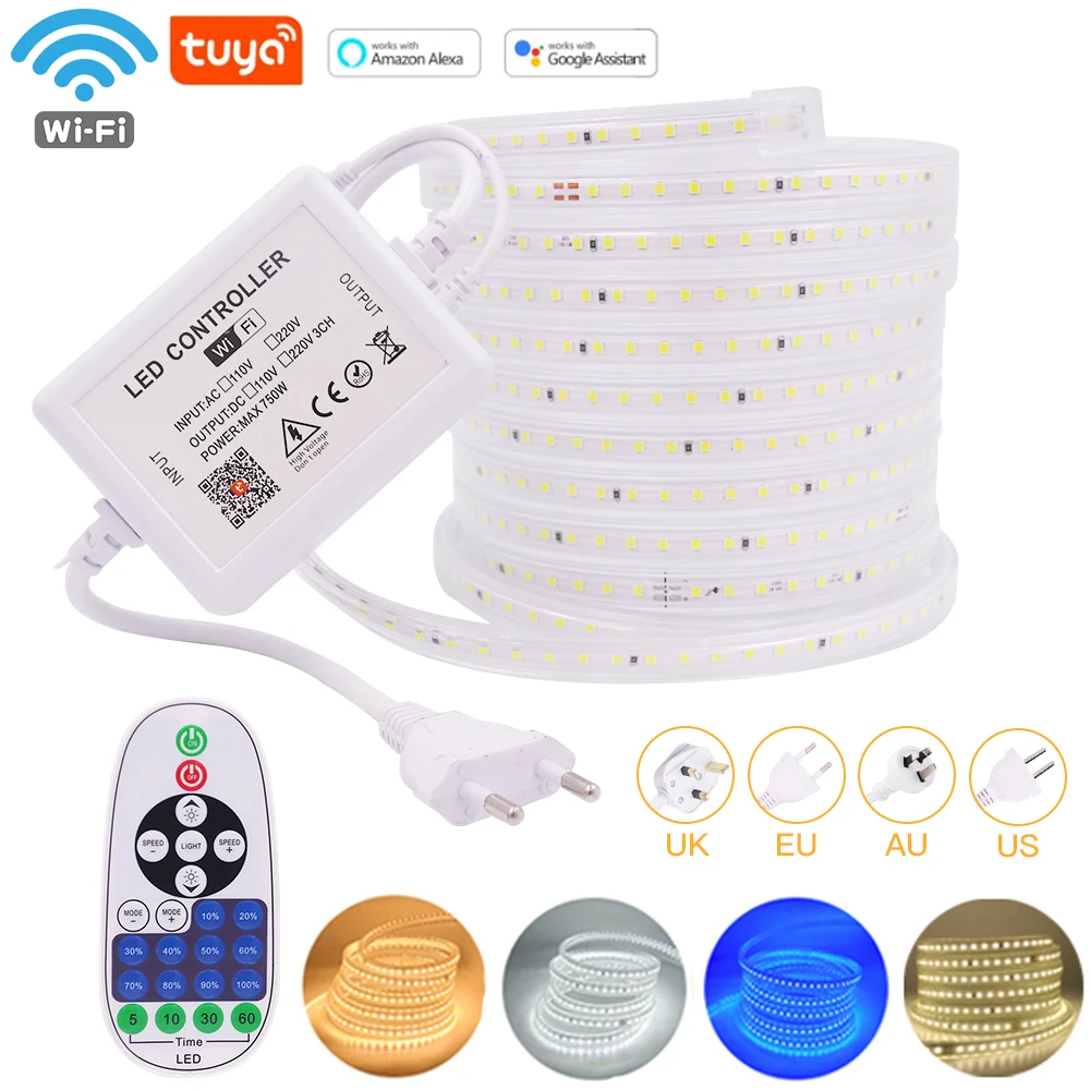 

Tuya WiFi Dimmable LED Strip Light 110V 220V 2835 120LEDs/m LED Strip with Single Color Controller Work With Alexa Google Home