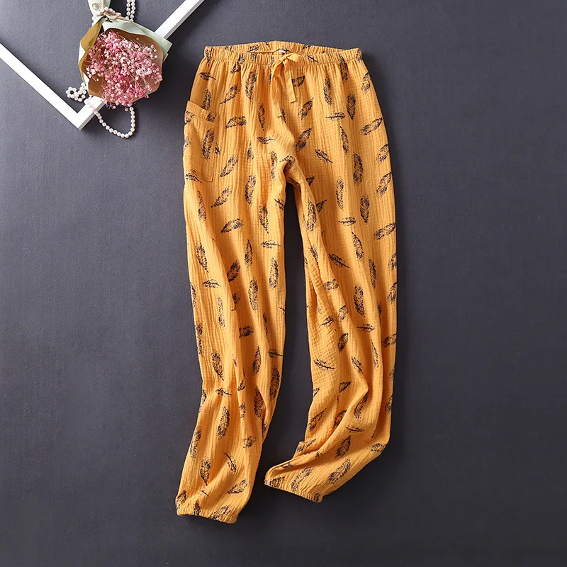 

Cotton Sleep Sleep Wear Lounge Double-layer Pants Lounge 100% Pajama Women Bottoms Pants New Wrinkle Gauze Autumn Printing