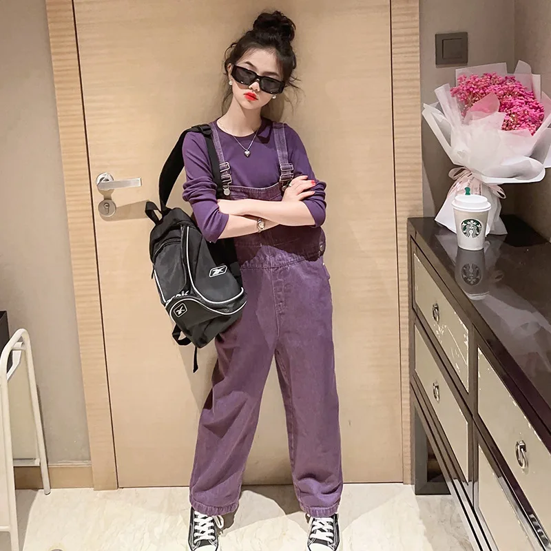 

Осенний комплект фиолетовых брюк на лямках для девочек Новинка 2023 модные детские джинсовые универсальные повседневные Прямые длинные брюки