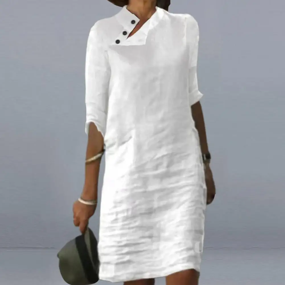 

Women Dress Stand Collar Casual Dress Casual Solid Pullover Dress