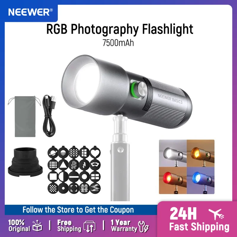 Фото Светодиодный фонарик для фотосъемки NEEWER BASICS FL10 с 4 цветами/20 фильтрами Gobo/7500 мАч, портативный светодиодный прожектор для видео 10 Вт №1