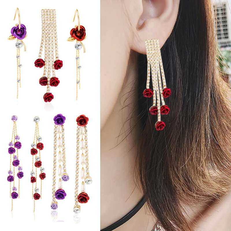 

Long Earrings Tassel Earrings Drop Dangle Earrings Stud Earrings Rose Flower Earrings Elegant Temperament Korea Fairy Rhinestone