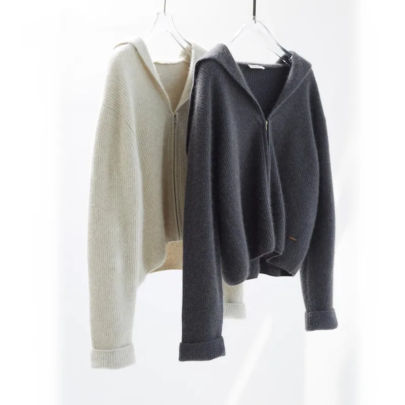 

Autumn Winter Women Crop Cardigan Top Loose Kawaii Big Sailor Collar Zip Up Knitted Cashmere Cardigan Sweater Pulls Femmes Hiver
