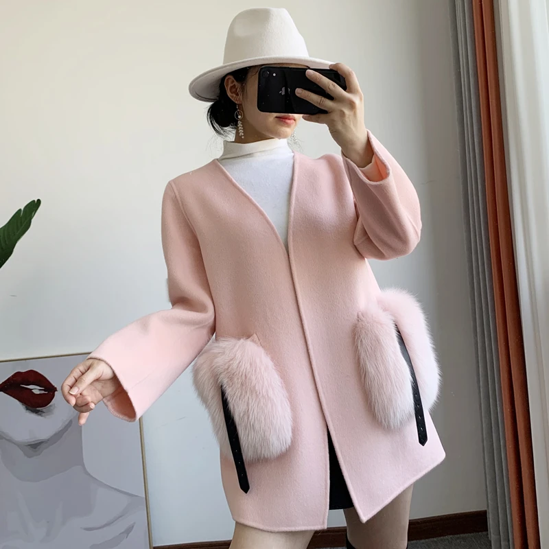 

New 2023 Real fur woolen Coats Lady Elegant natural fur jackets Trench