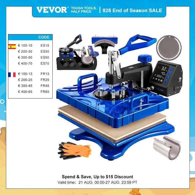 VEVOR 12 x15 Inch 360° Heat Press Machine Double-Tube Heating with LED 5/6 In 1 for Caps T-shirts Cups Plates Pattern Printing